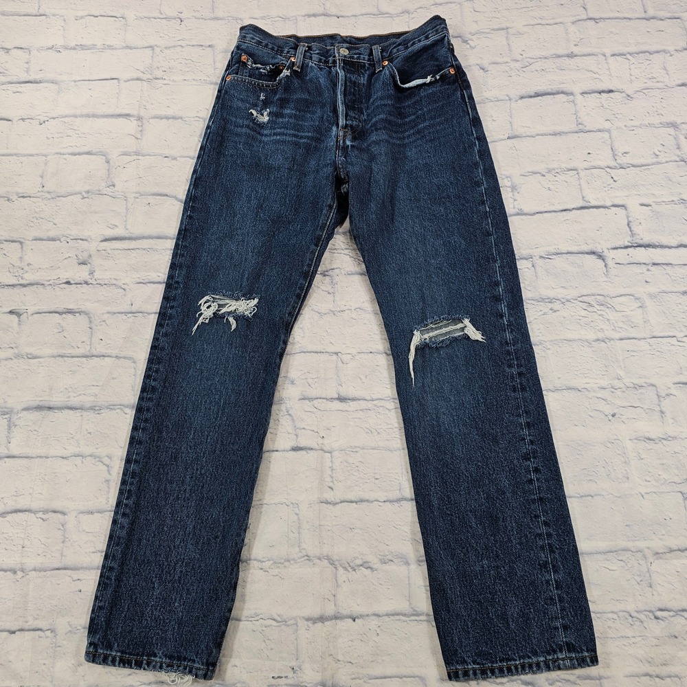 Levis 501 Original Jeans WOMEN 28x30 Dark Blue Distressed Straight Leg Premium